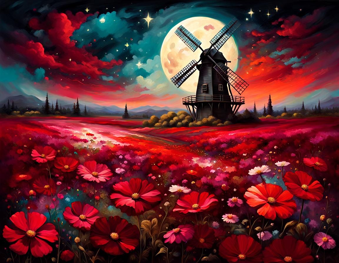 Crimson Cosmos Flowers in Vintage Oil Painting