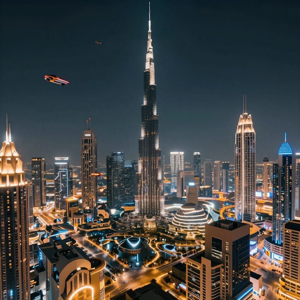 Futuristic Dubai Nightscape with Flying Cars