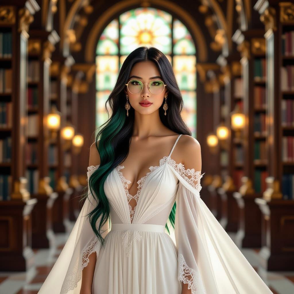 Elegant Asian Woman in Art Nouveau Library