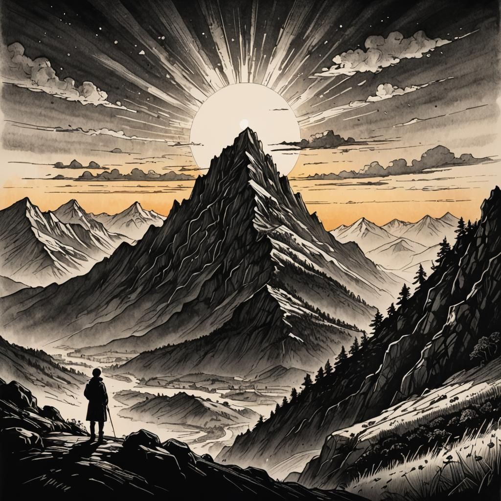 Mountain Sunset in Pen and Ink