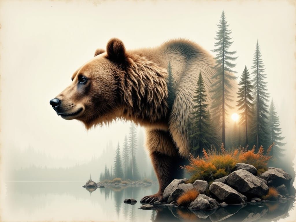 Brown Bear Double Exposure in Photorealistic Style