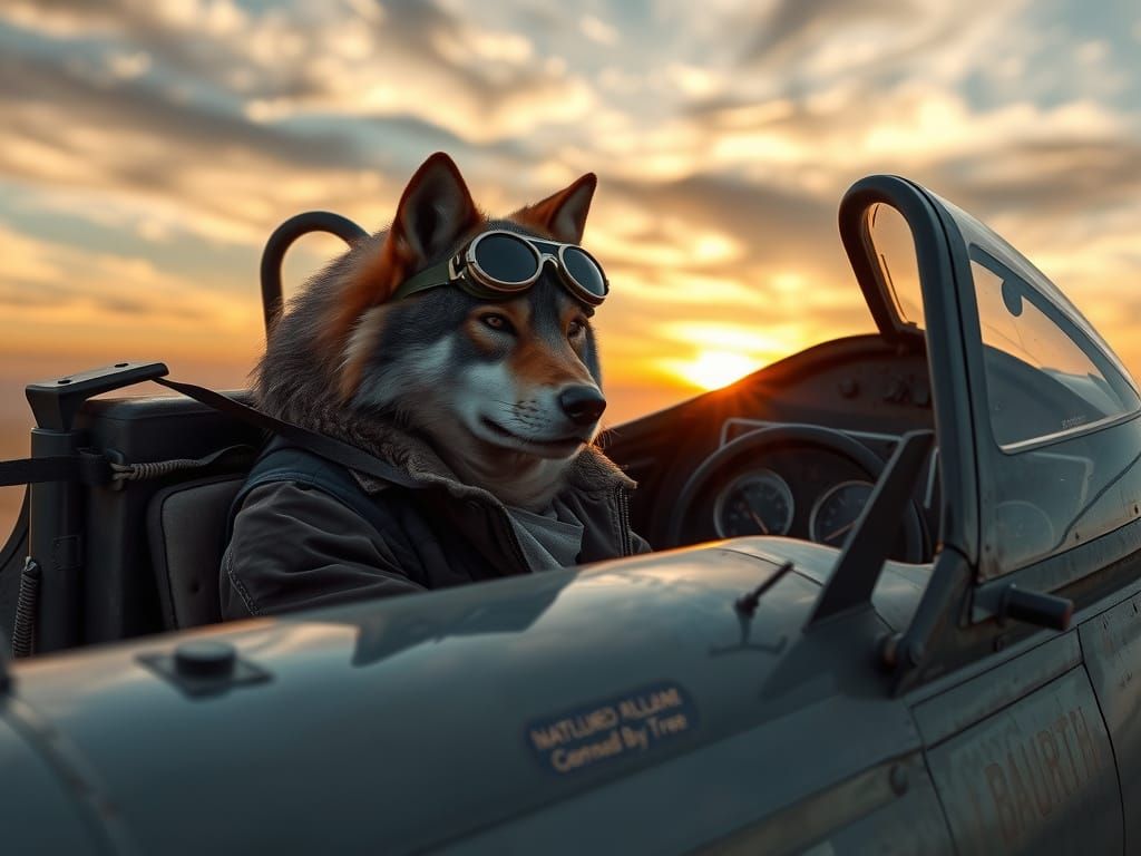 Wolf Pilot in Vintage Plane, Rockwell Style