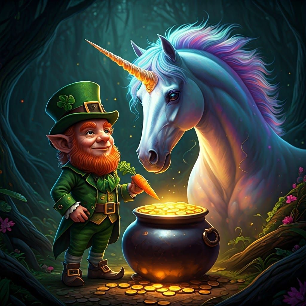 Leprechaun and Unicorn in Dark Fantasy Style