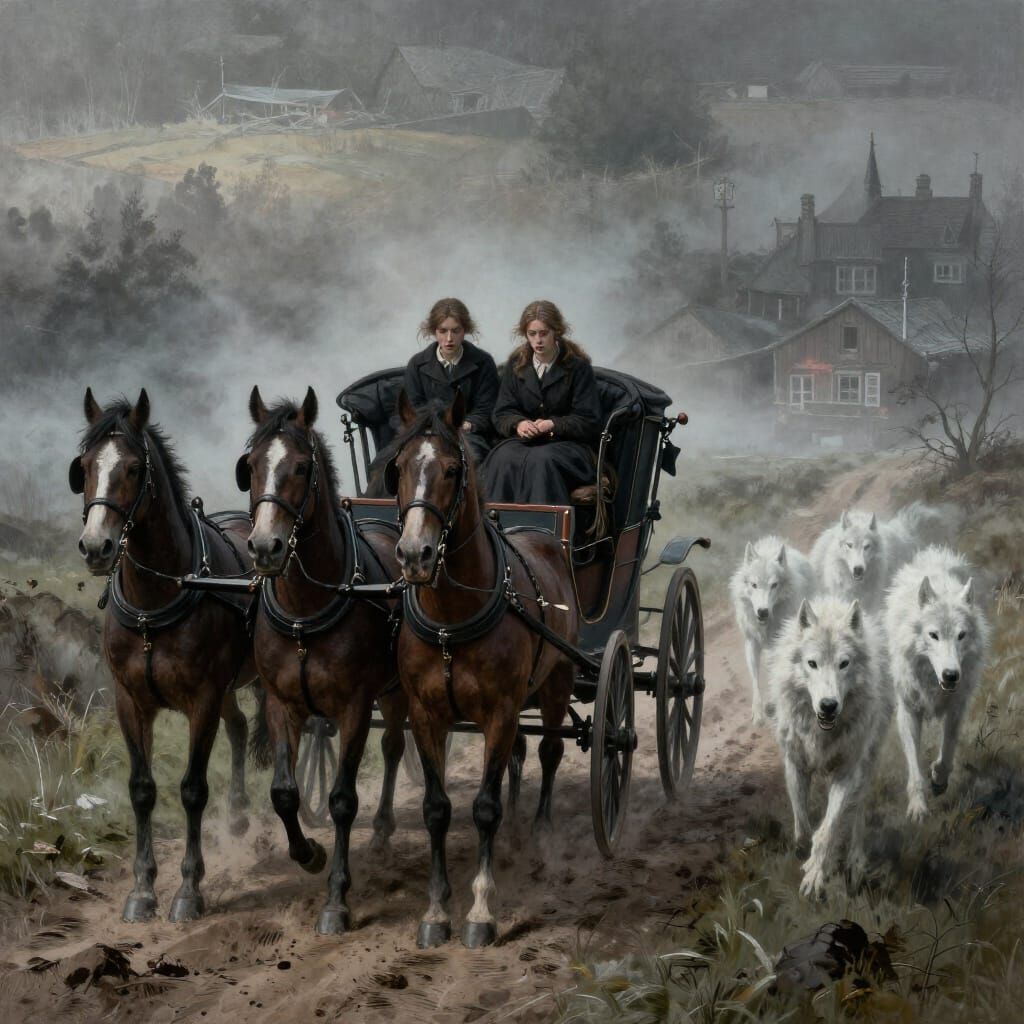 Antique Carriage Flees Wolves on Misty Track