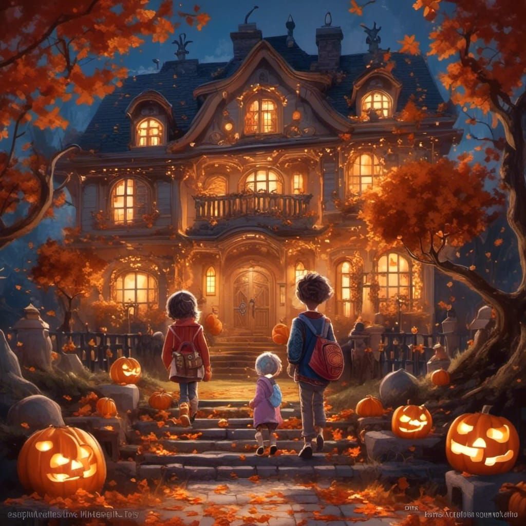 Children Trick-or-Treating on Halloween in Whimsical Style