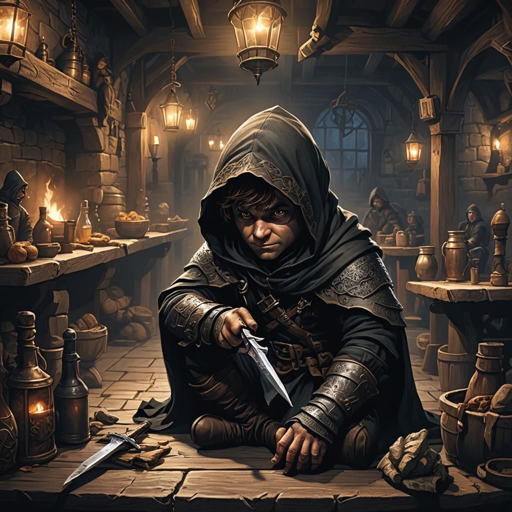 Mystical Halfling Rogue in Dark Tavern, Digital Art