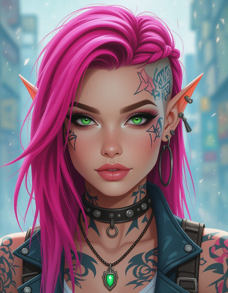 A framed photo of a surreal portrait of a stunning elven punk beauty, head only