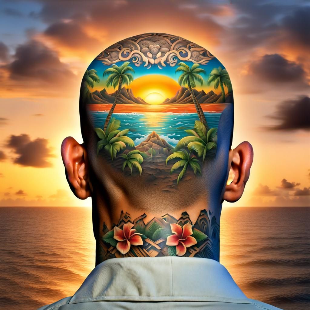 Hawaiian Island Tattoo Sunset: Photorealistic Close-Up