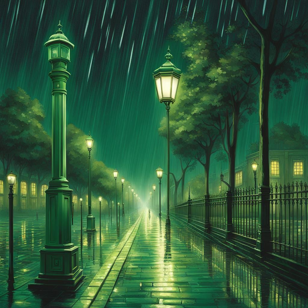 Illuminated Walkway with Vintage Lampposts at Night