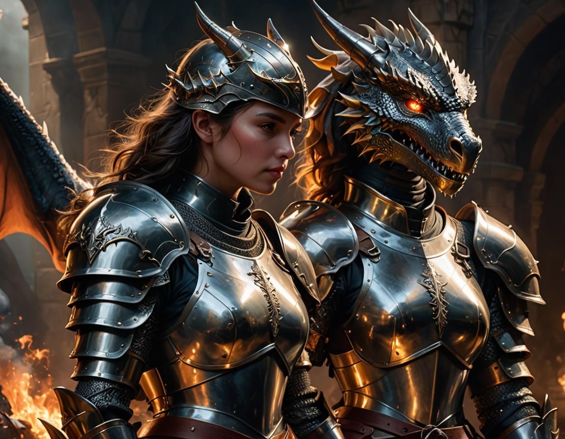 Dragon Over Shoulder of Armored Knight: Digital Art