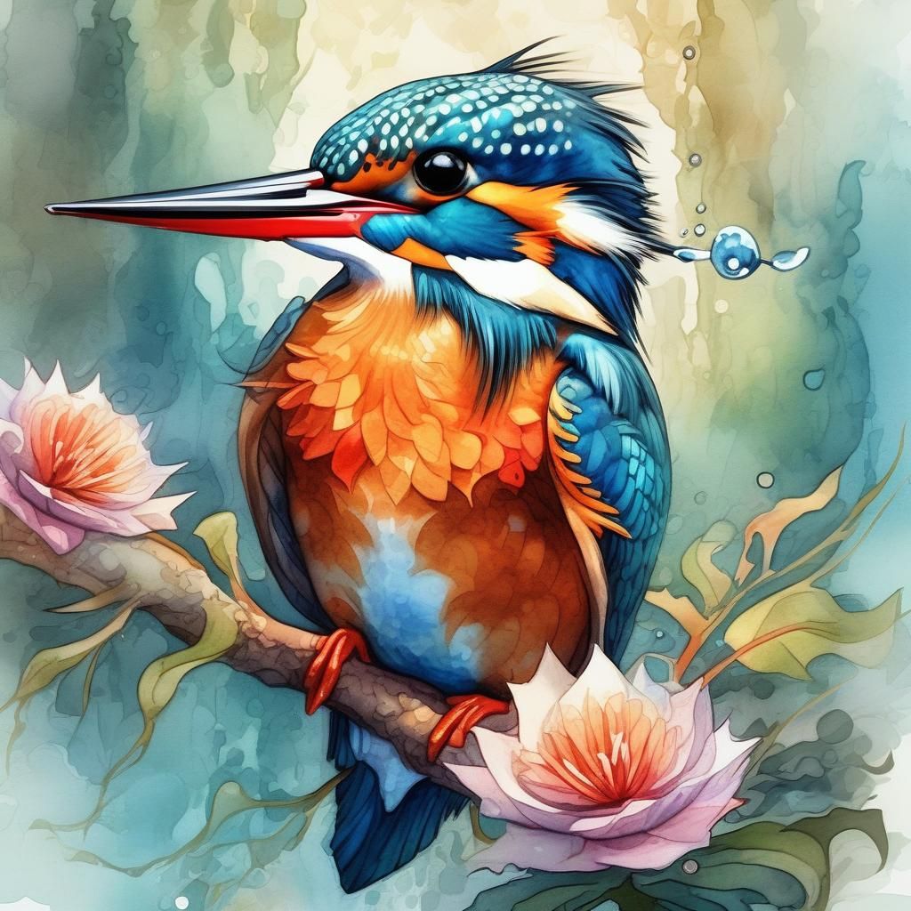 Kingfisher with Fish in Watercolor Gouache Style