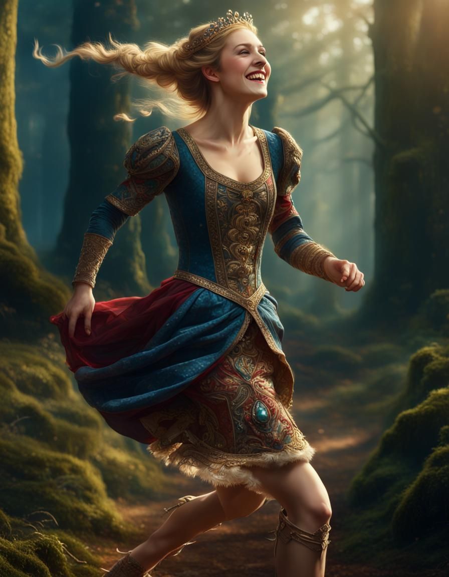 happy medieval princess running fast, short skirt, short skirt, seen from the side, profile, lavish, embroidery, jewels,...