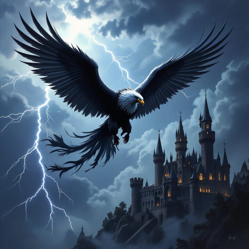 Griffin Soaring Over Gothic Castle in Dark Fantasy Style