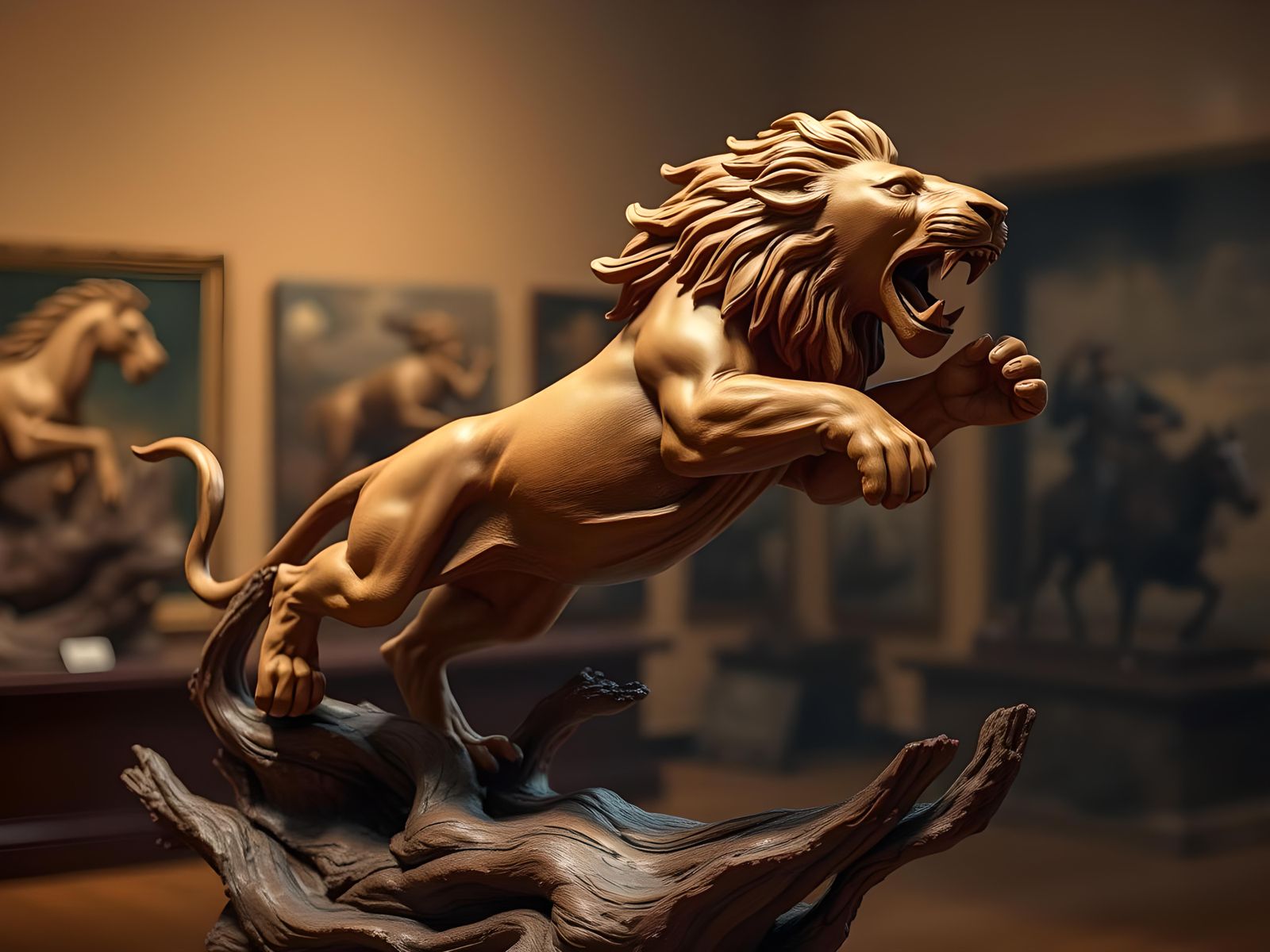 Lion Leaping Wood Carving