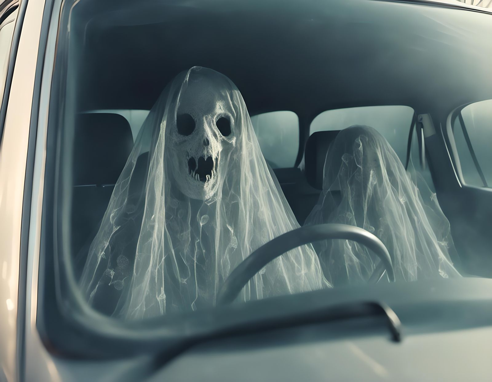 Eerie Car Passenger with a Spectral Visage