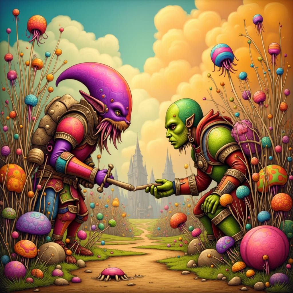 Orcs Joust on Jellyfish in a Golden Candyland Landscape