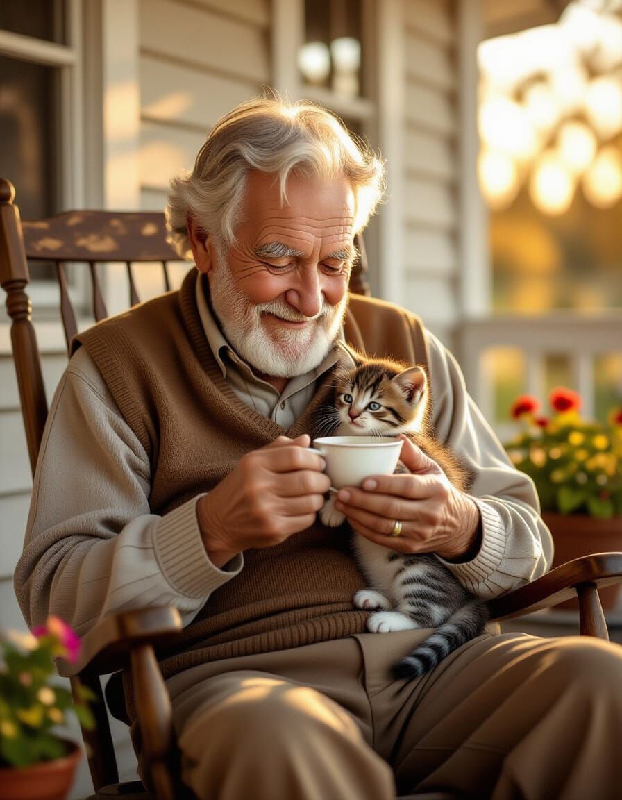 Heartwarming Scene of Man Feeding Kitten on Porch