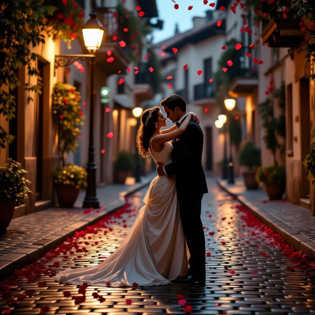 Romantic Hollywood Embrace Under Golden Lamplight