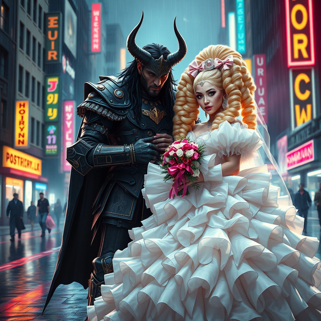 Demon King Abducts Princess in Cyberpunk Cityscape