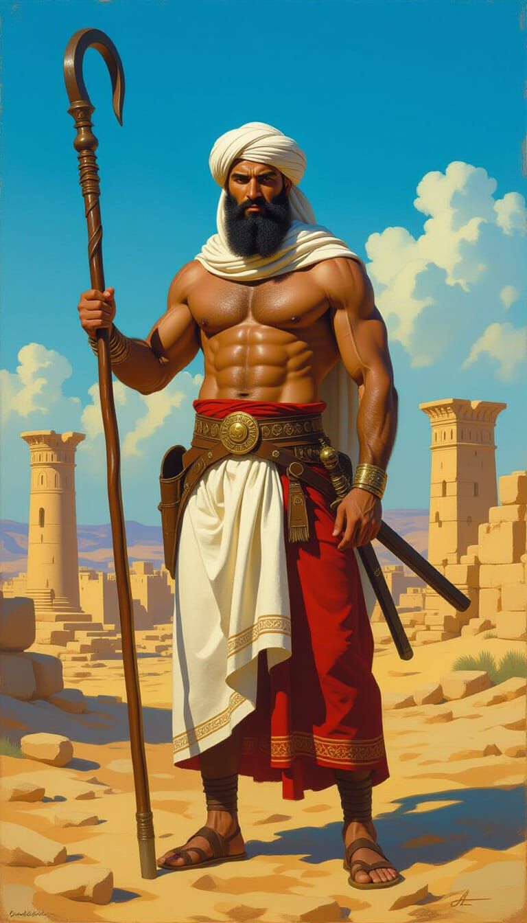 Muscular Arab Man with Staff in Desert Ruins, Oil Painting