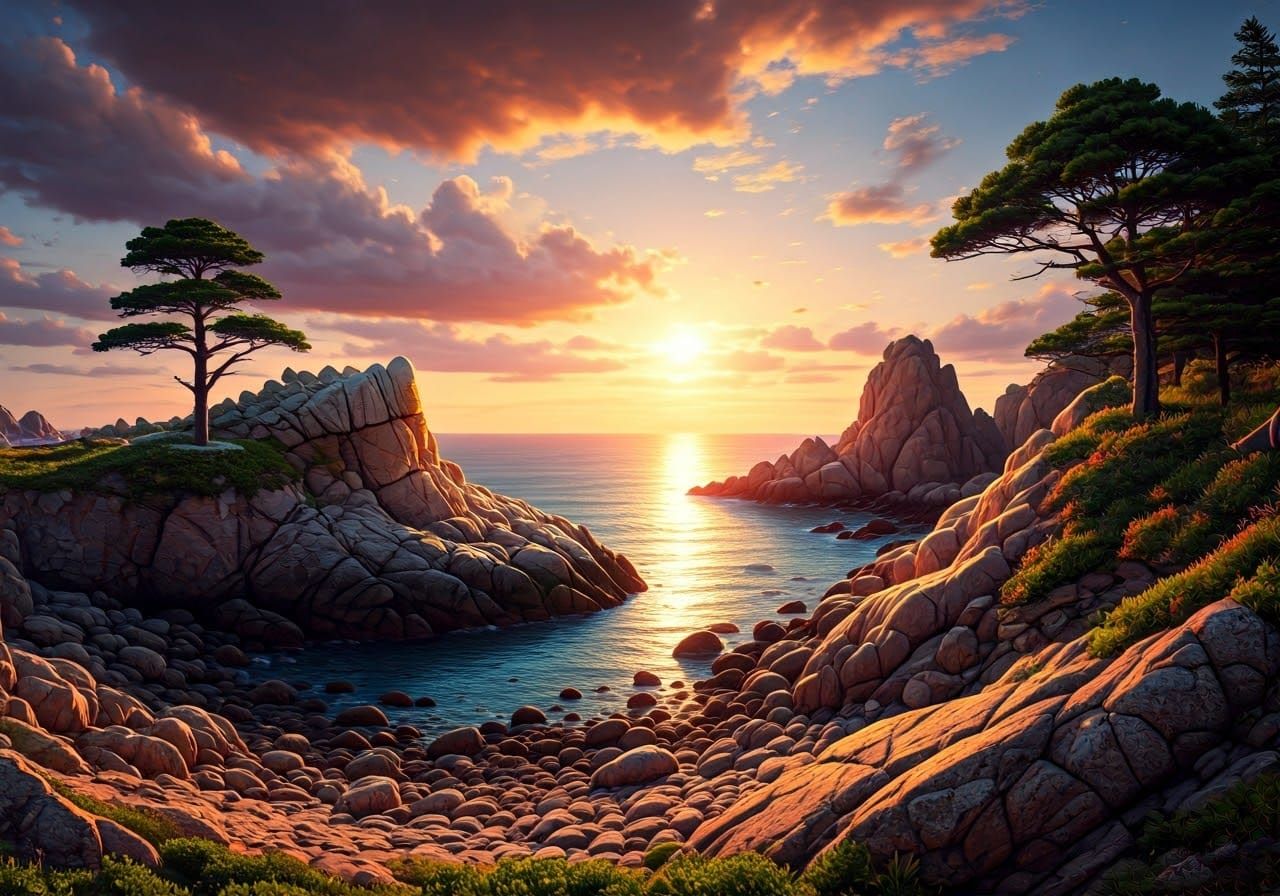 Coastal Sunrise Landscape in Fantasy Art Style