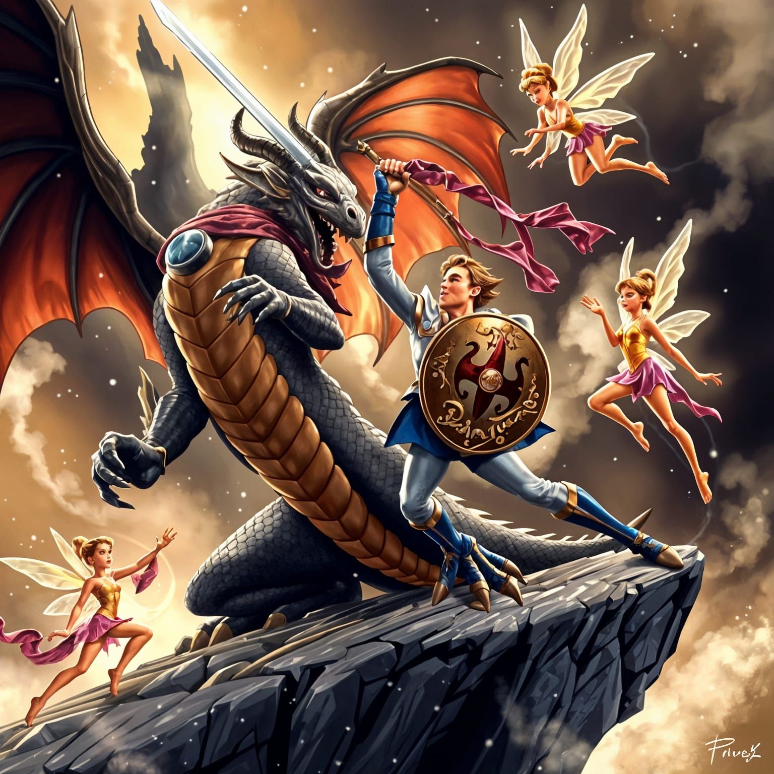 Prince Charming Battles the Dragon in Disney Style