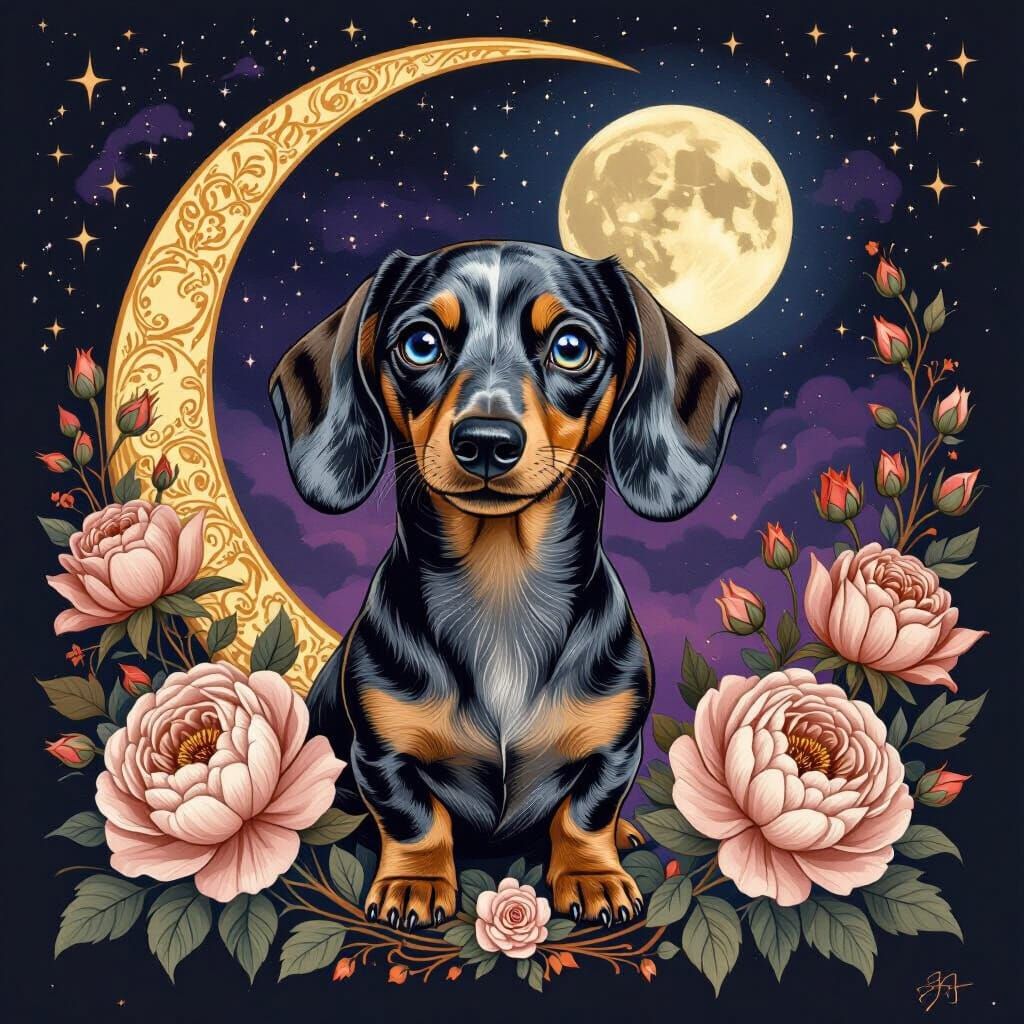 Ethereal Dachshund Portrait in Surreal Botanical Style