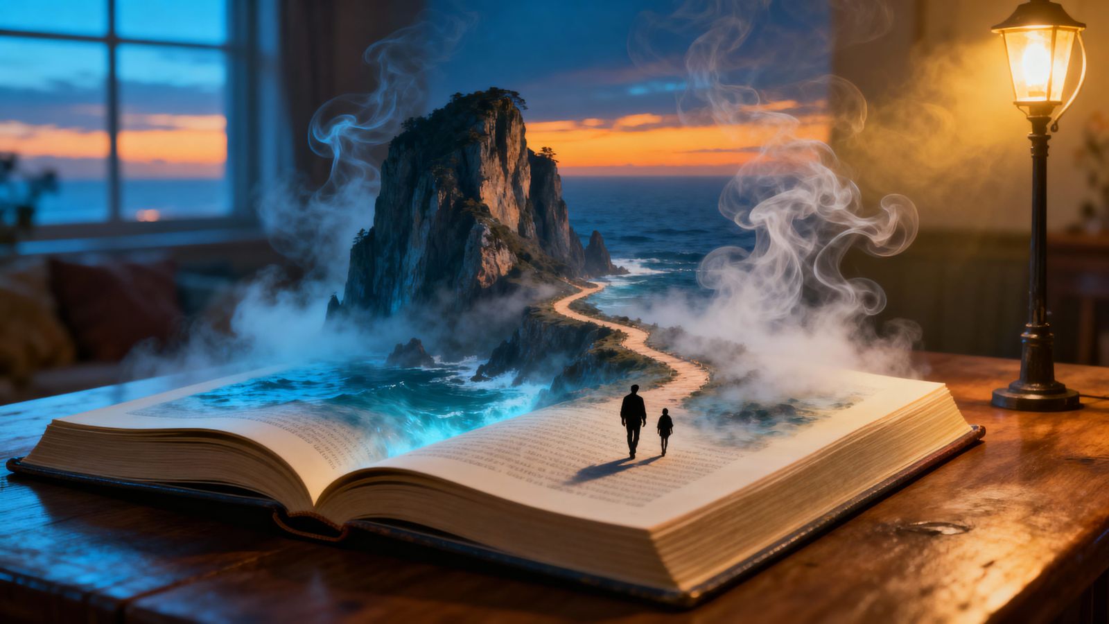 Magical Ocean Landscape Emerging from Open Book