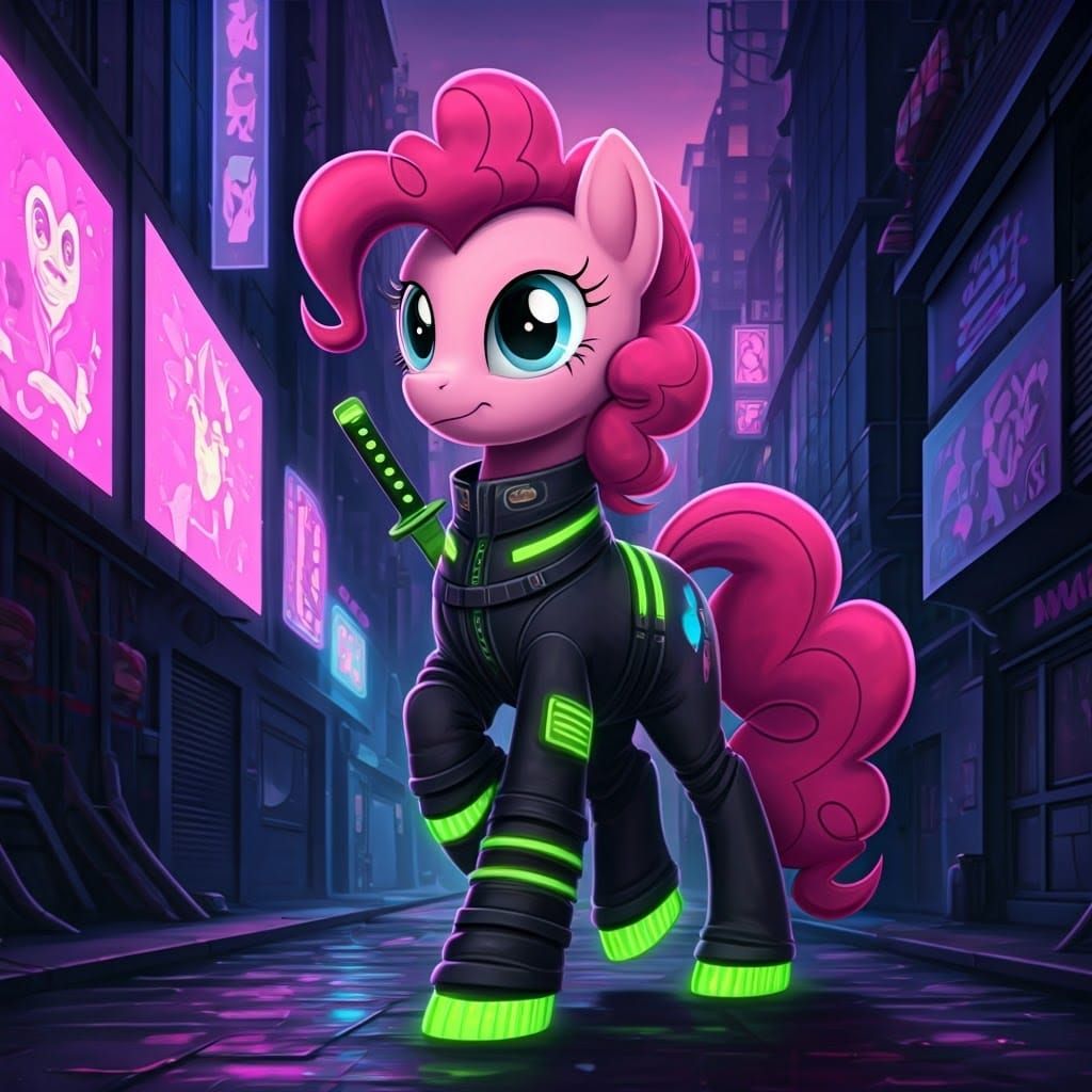 Spirited Pony in Cyberpunk Cityscape