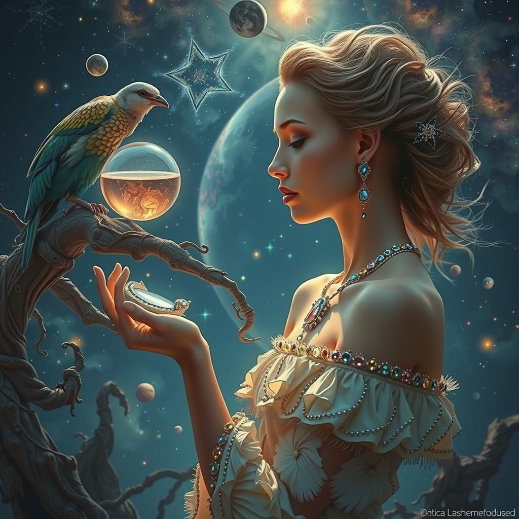 Iridescent Bird in Cosmic Dreamscape