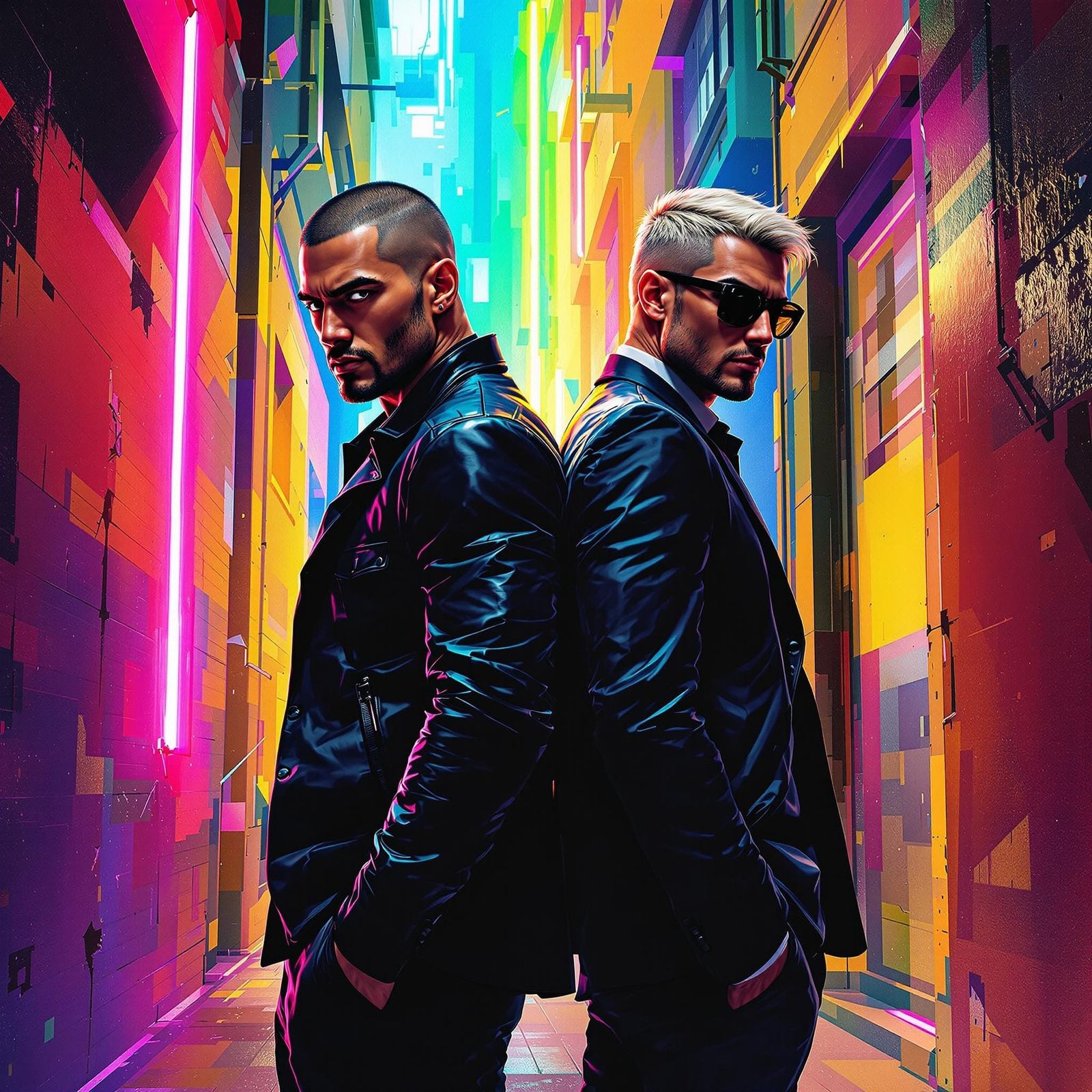 Men Protecting Each Other in Neon Alley, Gouache Style