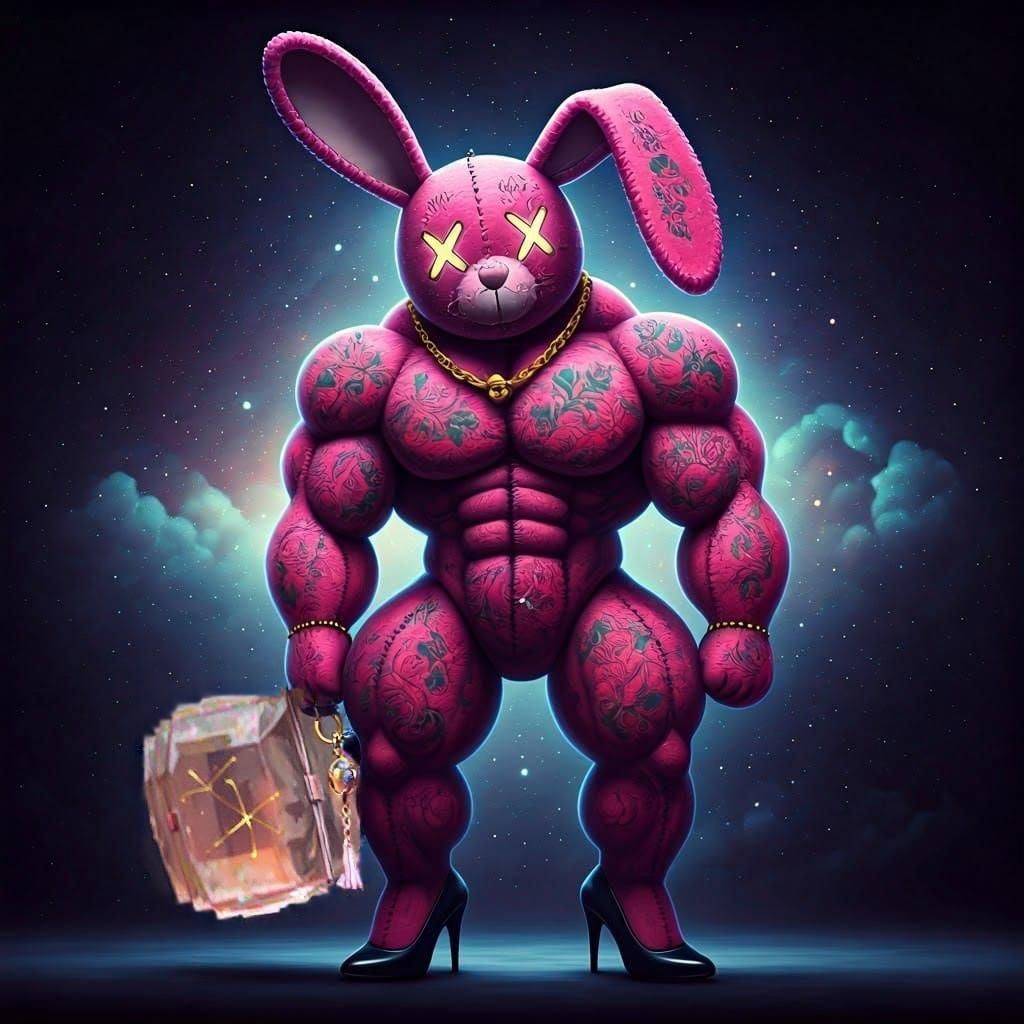 Muscular Pink Rabbit with Tattoos and Jewelry