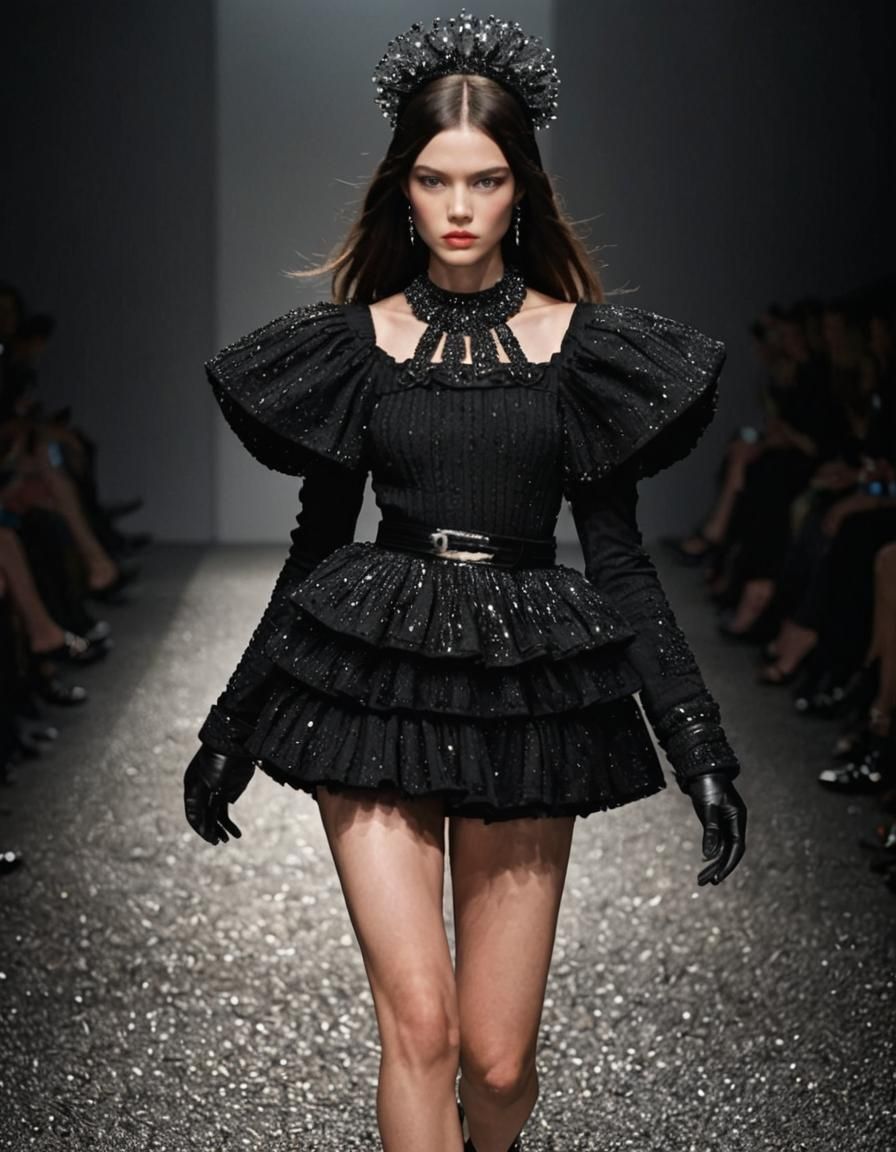 Fashion Model in Maximalist Black Dress by Steven Meisel