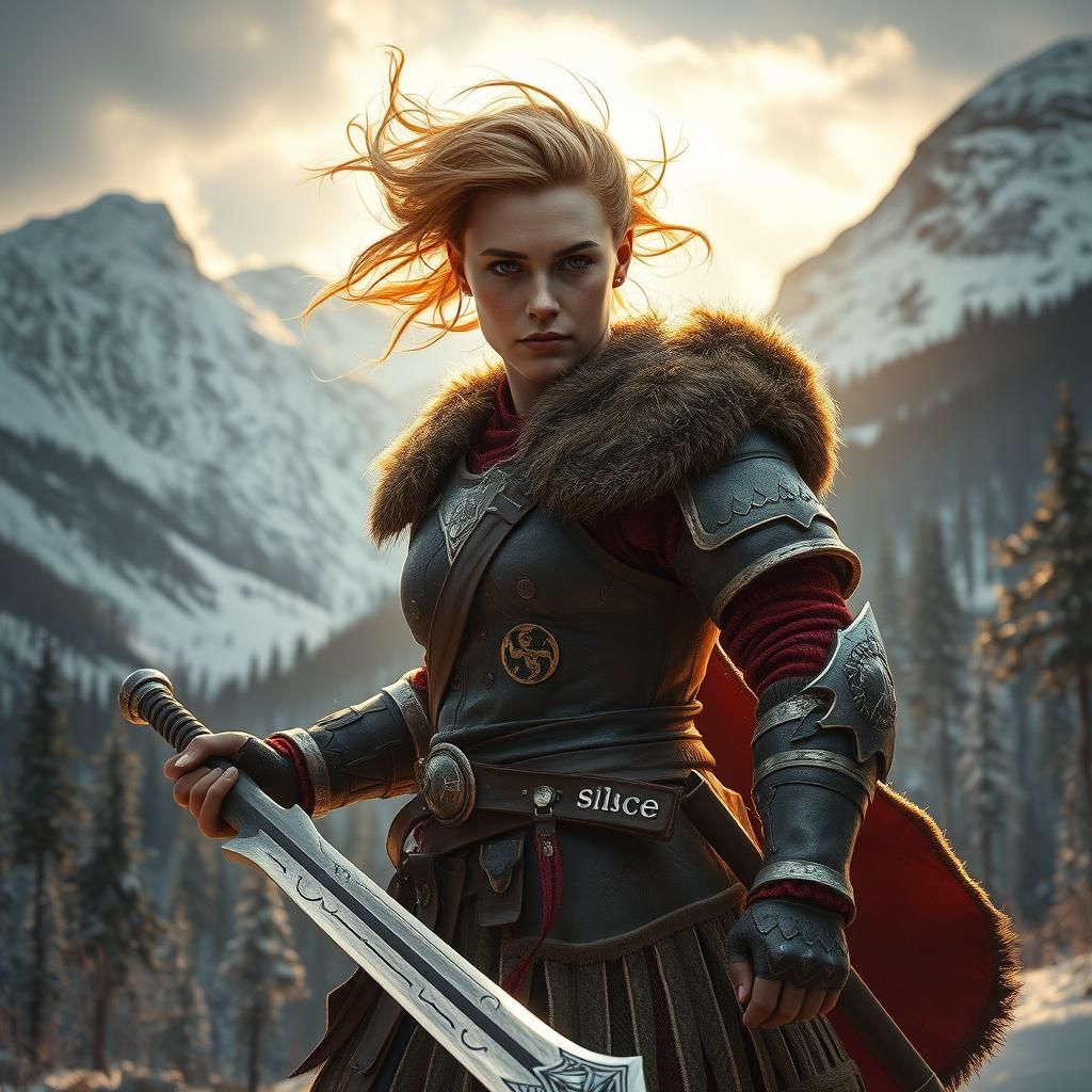 Ein realistisches Porträt einer Berserker-Kriegerin aus der nordischen Mythologie, meisterlich umgesetzt in hochauflösen...