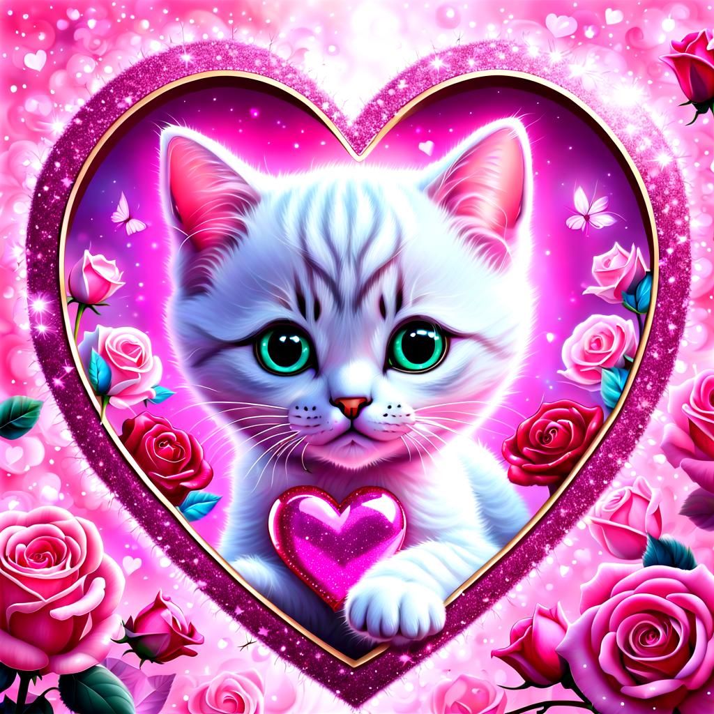 Cute Kitten Inside Pink Heart with Roses
