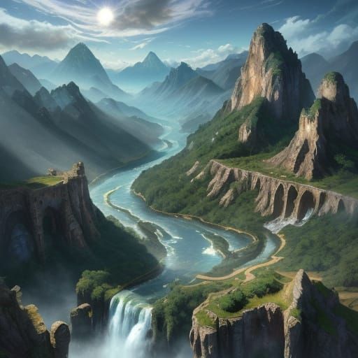 Griffin Soaring Over Ancient Valley, Matte Painting Style