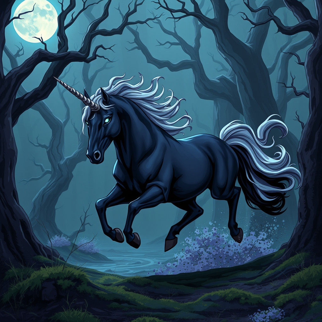 Majestic Unicorn Gallops Through Gothic Forest