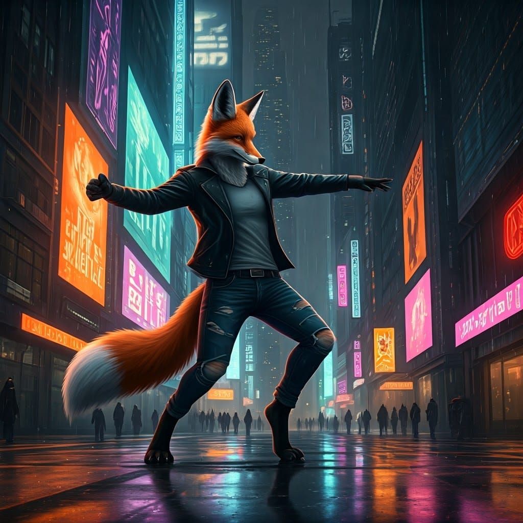 Fox in Cyberpunk Dance Pose