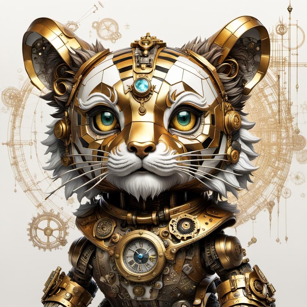 Steampunk Porcelain Robot Tiger: Detailed 3D Rendering