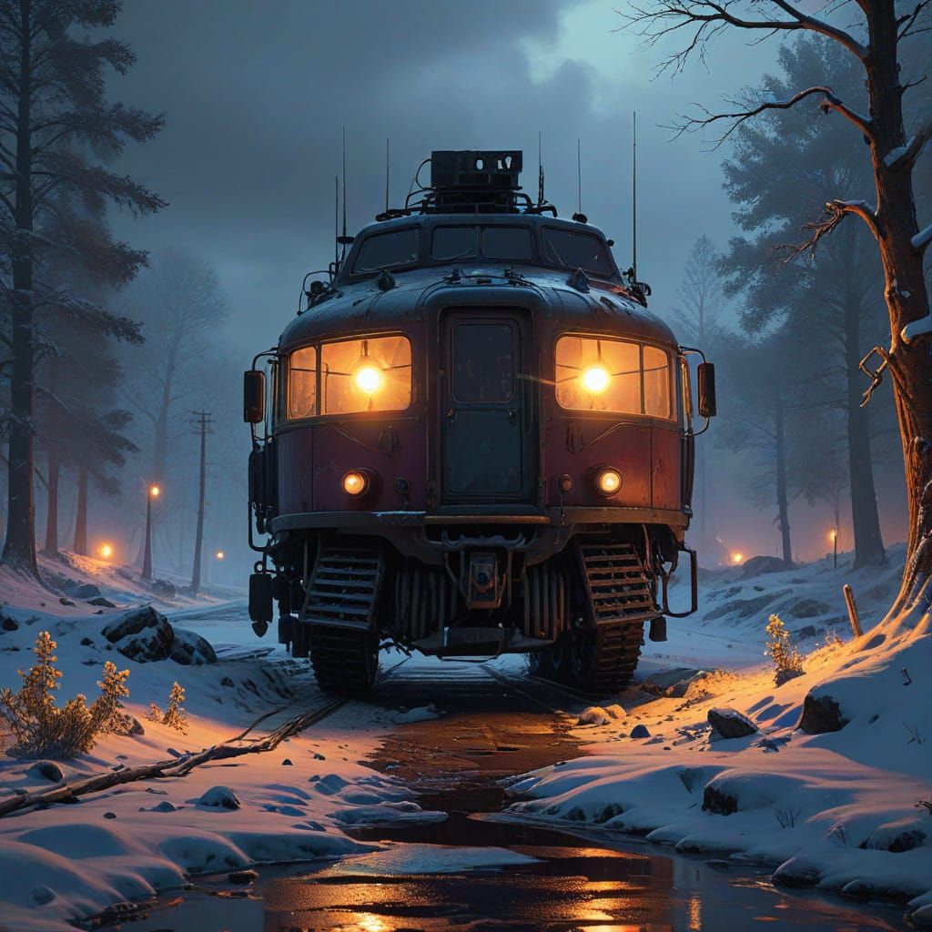 Realistic High-Fantasy Scene in Eerie Snowy Evening Light