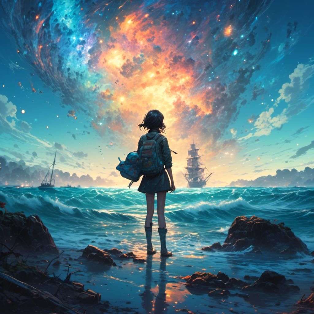 Ocean at Night with Milky Way, Japanese Art Style