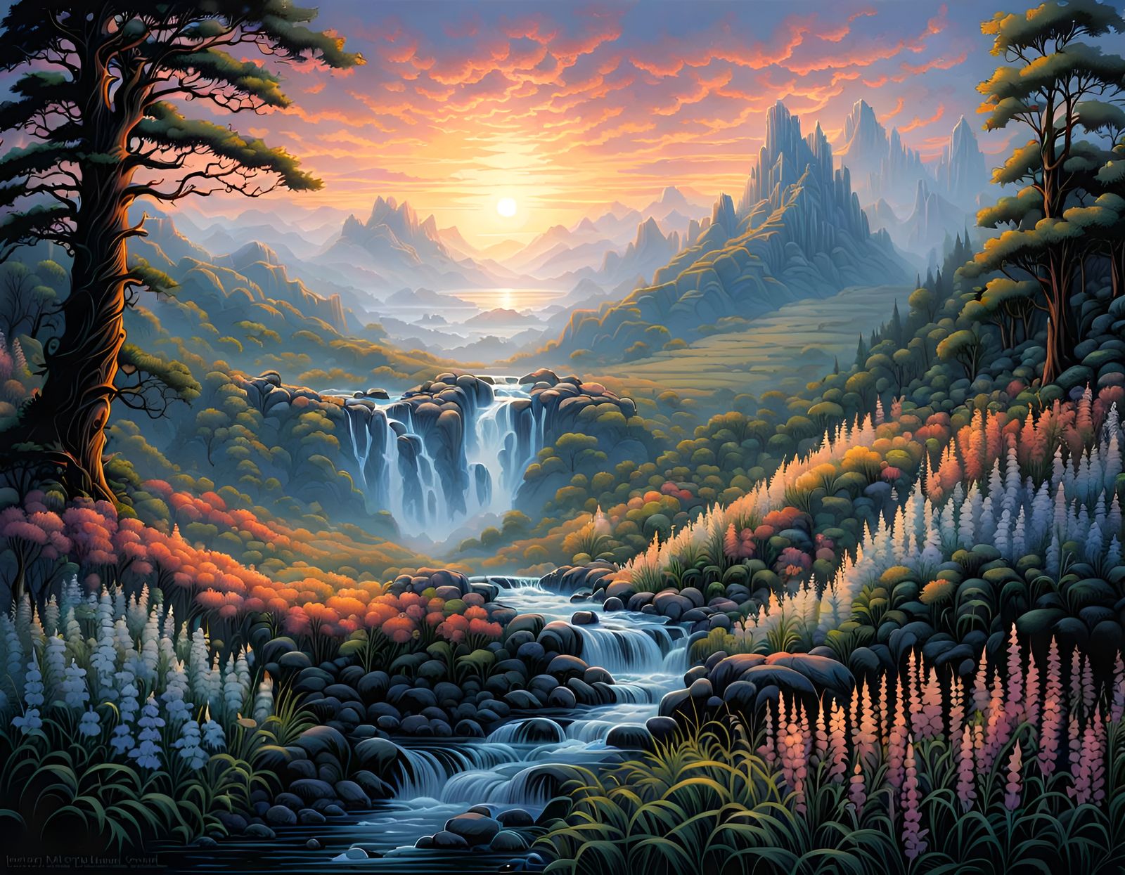 Misty Mountain Landscape with Waterfalls: Comic Book Art