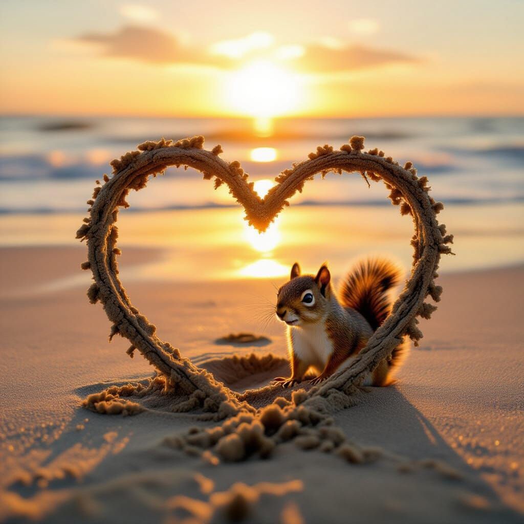 Heart Drawn in Sand Emitting Light on Beach at Sunset