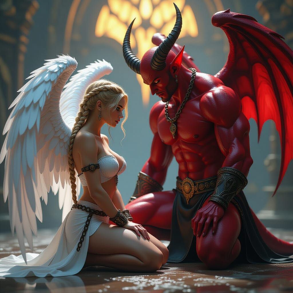 Female Angel Kneeling Before Devil in Dark Fantasy