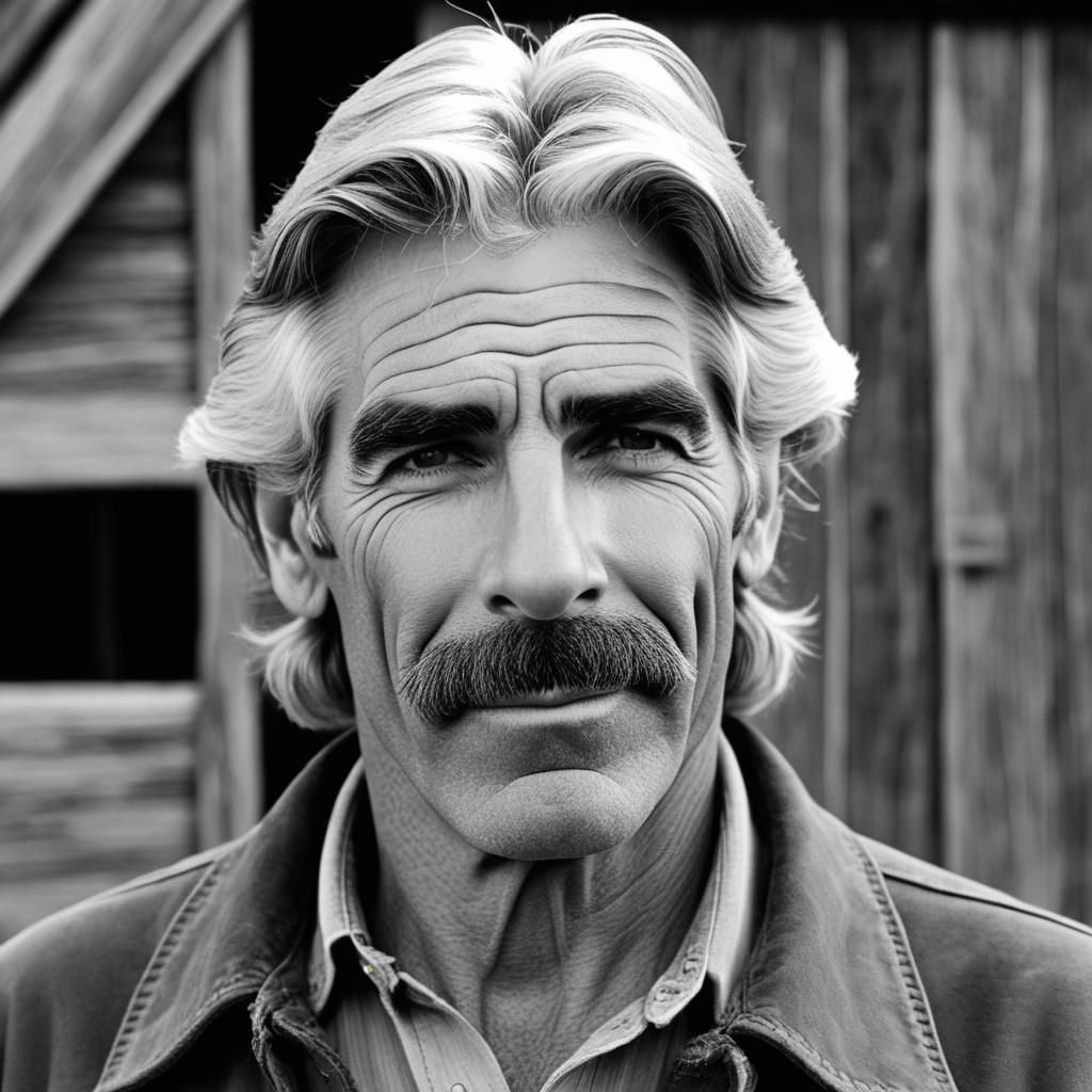 Black and white portrait of Sam Elliot