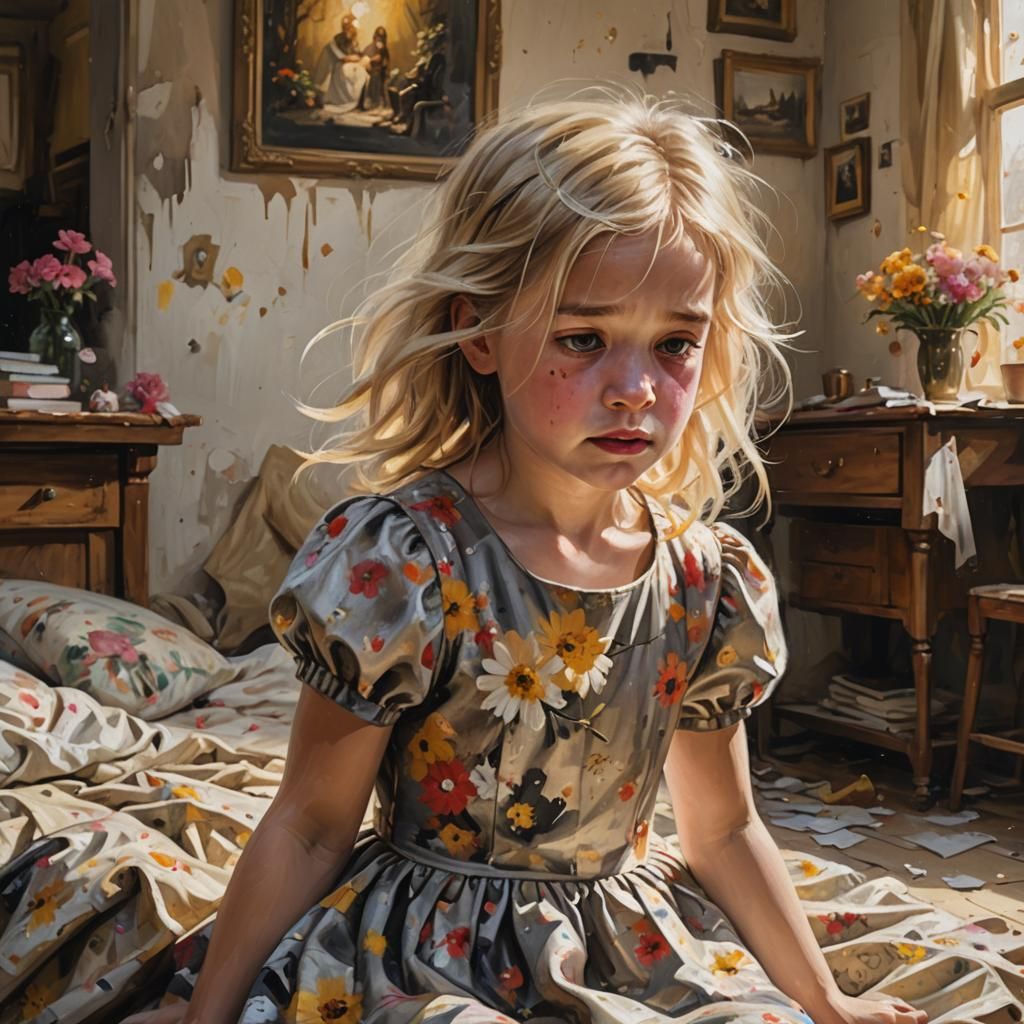 Little Girl Crying in Bedroom: Dreamy Oil Painting