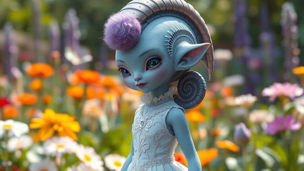 Pale Blue Alien Child in Art Deco Dress