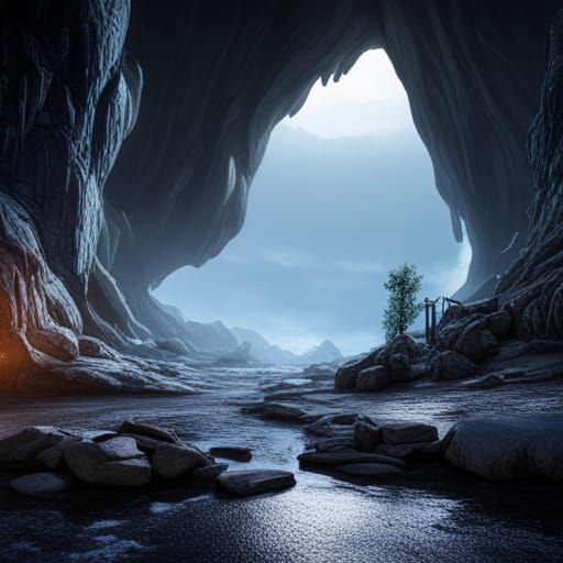 Mountainside Cave Entrance: Detailed Matte Painting