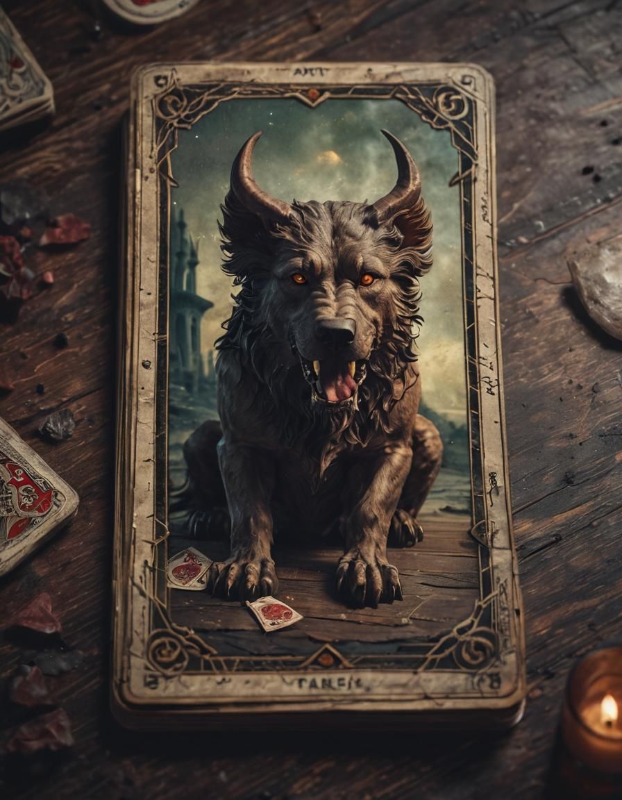 Cerberus Tarot Card in Dark Fantasy Style