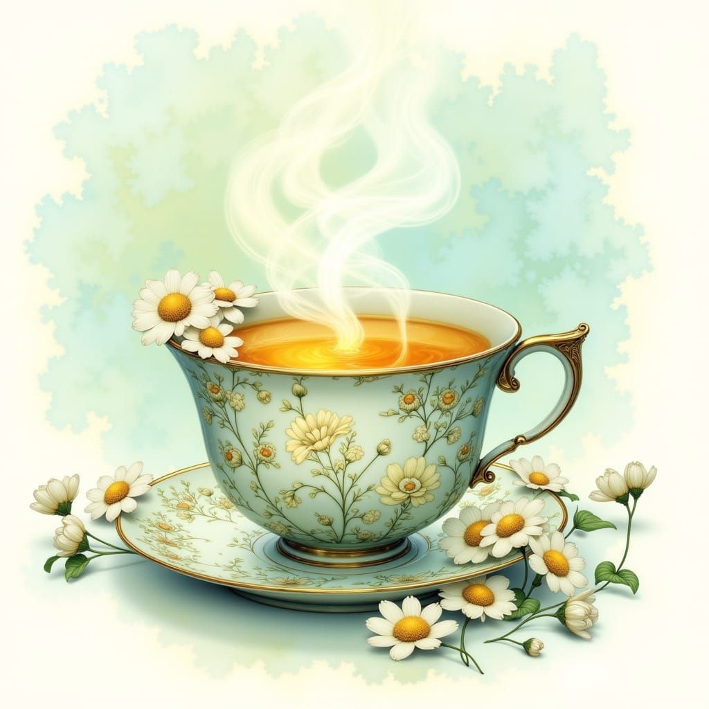 Vintage Teacup with Chamomile Tea in Folk Art Style